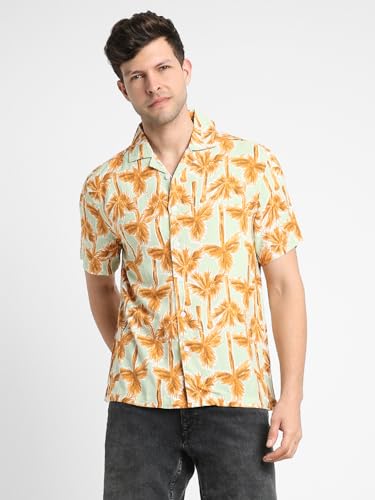 Image of Dennis Lingo Men's Rayon White Printed Relaxed Fit Cuban Collar Half Sleeve Casual Shirt