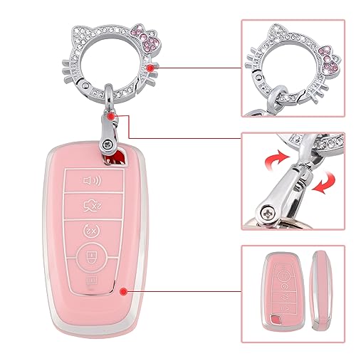 Image of Pangpai Pink Key Fob Cover for Ford, Soft TPU Key Case Protection with Bling Keychain Fit for Edge Escape Expedition Explorer Fusion Mustang Ranger F-150 F-250