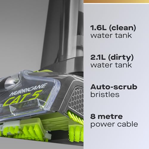 Daewoo Hurricane Cat 5 Washer FLR00115 Upright Carpet Cleaner with Handheld Upholstery Brush Rugs, Stairs, Sofas 1.6L Clean 2.1L Dirty Water Tank 8m Cord 700W, 700 W, 3700 milliliters, Grey - Image 2