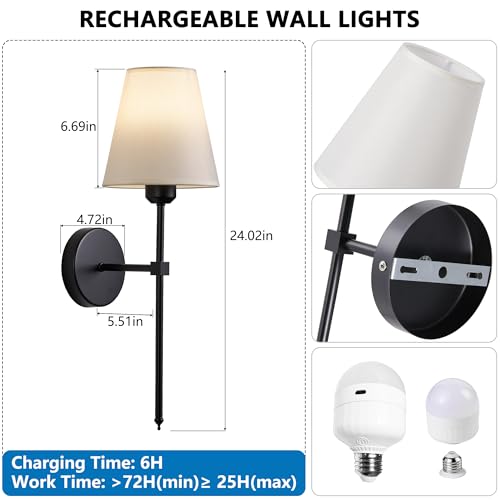 Image of Battery Operated Wall Sconces Set of 2-70H Rechargeable Detachable Bulbs with Stepless Dimming Remote, Wireless Wall Lamps Sconces for Hallway Living Room Bedroom Decor (Black 2-Pack)