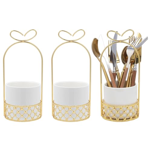 nbeads 3 Porte Couverts en Céramique pour Table, Porte Couverts Blanc avec Support en Métal Doré pour Tables de Mariage Cuisine et Salle à Manger, 95x210mm
