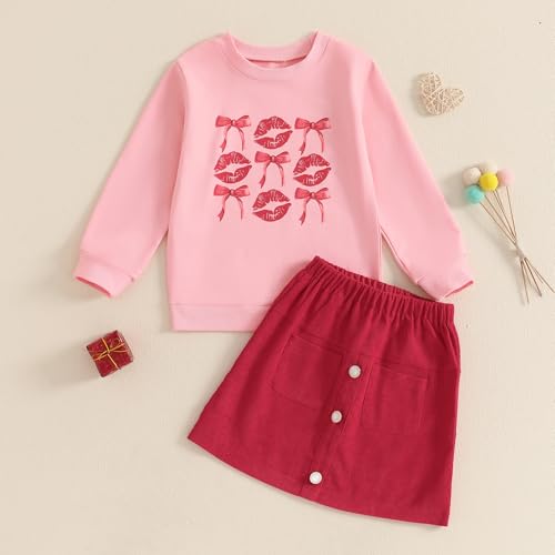 Image of Toddler Girl Valentines Day Outfits Letter Heart Print T-Shirt A-Line Mini Skirts Dress Girls Valentine's Day Dresses