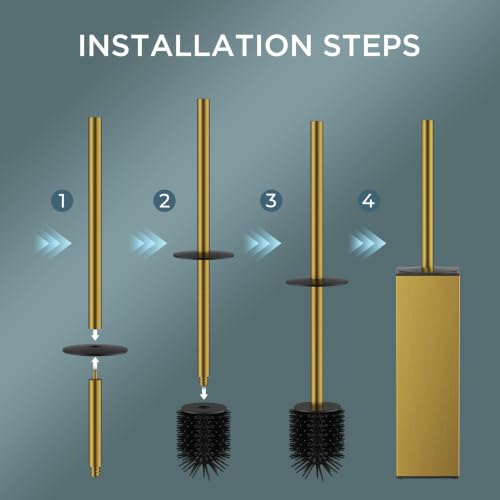 Image of FORIOUS Stainless Steel Toilet Bowl Brush Scrubber and Holder Set Tall | Gold, Extended Handle, Removable Inner Bowl, Stable Splash Guard, Steel Joint, Scratch‑Resistant Bristles, for Bathroom RV