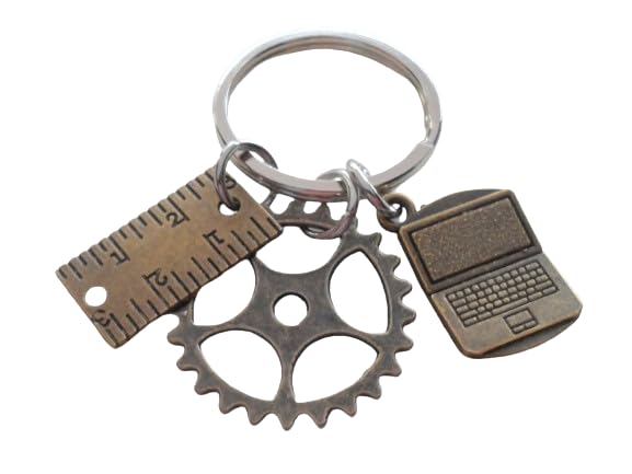 Engineer Charm Keychain with Bronze Gear Charm, Ruler & Computer Laptop Charm, Science Keychain