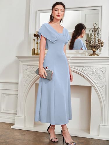Image of Shasmi Women's & Girl's Solid A-Line Maxi Dress | V-Neck Pleated Bodice | Cap Batwing Sleeves | Fit & Flare Evening Gown (Dress 274)