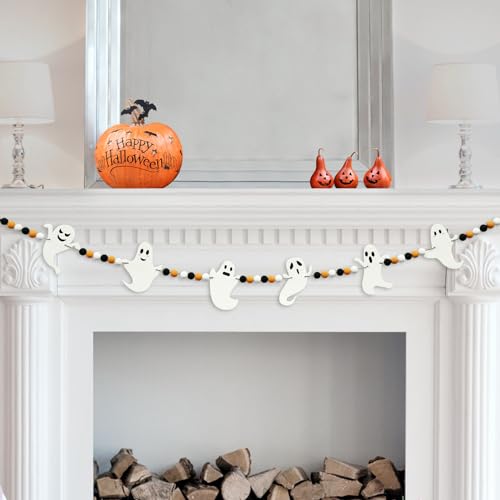 4.2 FT Halloween Wooden Beads Garland with Ghost Charms, Black