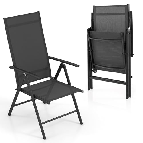 GOPLUS Gartenstuhl klappbar, Klappstuhl mit Hochlehner 7-Fach verstellbar & Armlehnen, Balkonstuhl atmungsaktiv bis 180kg, Campingstuhl Klappsessel Outdoor für Garten Balkon Terrasse (Schwarz,1)