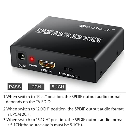 Neoteck 2160p 4K x 2K HDMI Extracteur Audio Convertisseur HDMI vers HDMI+ SPDIF/Optique 5.1CH Audio + 2.1CH R/L RCA Stéréo 3D avec HDMI 1.4 Version Câble pour Blu-ray DVD HD PS3 PS4 Home Cinéma