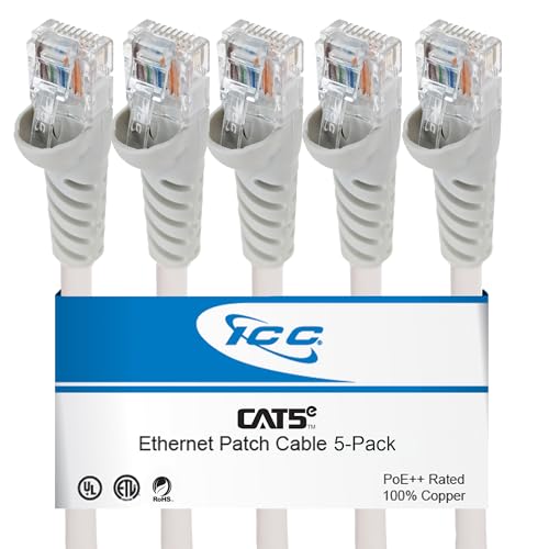 ICC CAT5e Ethernet Patch Cord 25 FT 5-Pack, UTP 24 AWG UL Listed, PoE++, 100% Stranded Copper Snagless Patch Cable for Patch Panel to Network Switch for Data Center, Office, and Home, 25 Feet White