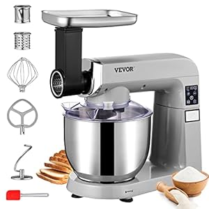 VEVOR 6 IN 1 Stand Mixer, 450W Tilt-Head Multifunctional Electric Mixer with 6 Speeds LCD Screen Timing, 7.4Qt Stainless Bowl, Dough Hook, Flat Beater, Whisk, Scraper, Grinder, Stuffer, Slicer – Gray