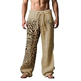 Générique Pantalon Large Homme en Lin Bamboo Motif Tribal Polynésien Léger et Respirant Maori Taille Élastique Pantalon Loisir à Cordon 5 Couleurs Parfait et Plage Pantalons de Plage Kaki M