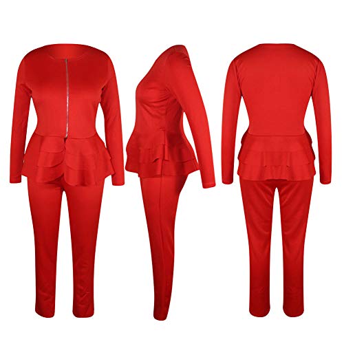 Women Long Sleeve Blazers Two Piece Outfits Business Solid Color Zipper Peplum Ruffle Jacket With Skinny Pants Set Red #TOP3