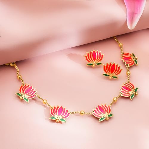 Image of Rubans Necklace Set Gold Plated Traditional Stylish Floral Theme Jewellery Gift for Women & Girls
