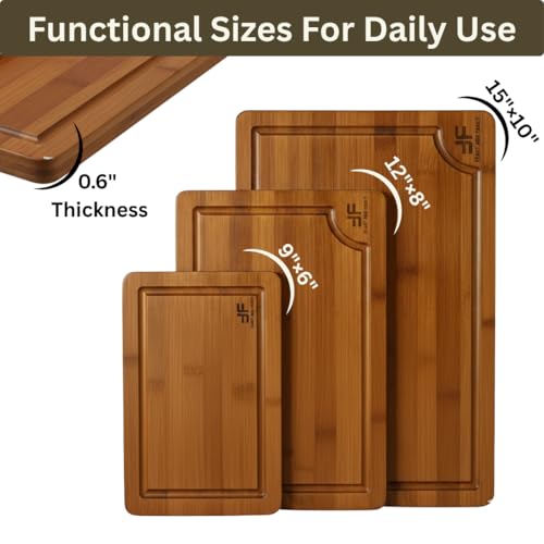 Bamboo Cutting Board for Kitchen, set of 3, Wooden Chopping Board Set with Deep Juice Grooves & Built-In Handles, Knife-Safe Wooden Chopping Boards for Meats, Veggies & Fruits by Feast and Fancy - Image 2