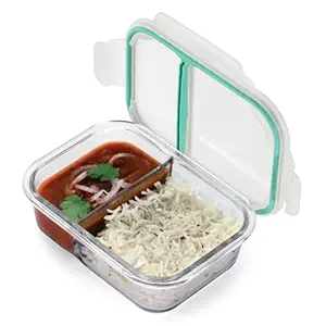 Oliveware Elite Natural Glassware Bento Lunch Box Microwave safe with 2 compartment set |Safety Lock Airtight Containers (600 ml)|