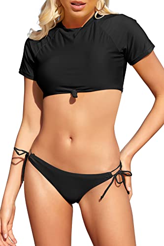 SHEKINI Damen Kurzarm Zweiteiliger Badeanzug Sport High Neck Bikinioberteil...