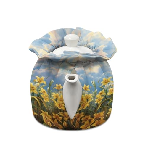 Image of Xoenoiee Cardinal Bird Yellow Lily Flower Print Tea Pot Cosy Cotton Tea Cozy for Teapots Dust Cover Insulated Kettle Cover Teapot Warmer for Home Kitchen Decorative Accessories