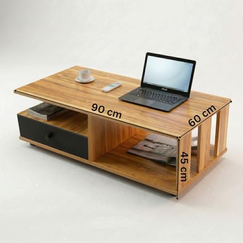 Image of FFO Modern Coffee Table with Storage Drawer & Open Shelves (90 x 60 x 45 cm) | Wooden Center Table for Living Room | Space-Saving Tea Table with Storage DIY.
