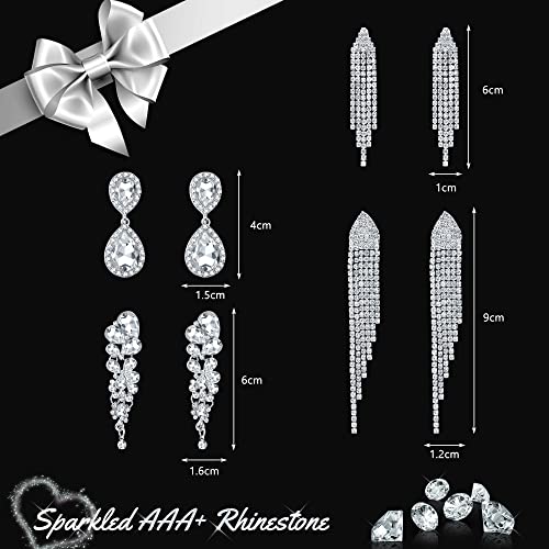 Thunaraz 4 Pairs Silver Clip On Earrings For Women, Sparkly Rhinestone Tassel Chandelier Teardrop Dangle Earrings For Brides Bridesmaids Non Pierced Prom Jewelry Set #TOP5