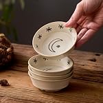 Stoneware Dipping Sauce Side Dishes Set of 4-3.7" Rustic Condiment Bowls - Handcrafted Ceramic Appetizer Plates for Sushi Soy, Charcuterie,Snack, Cheese Boards(Moon)