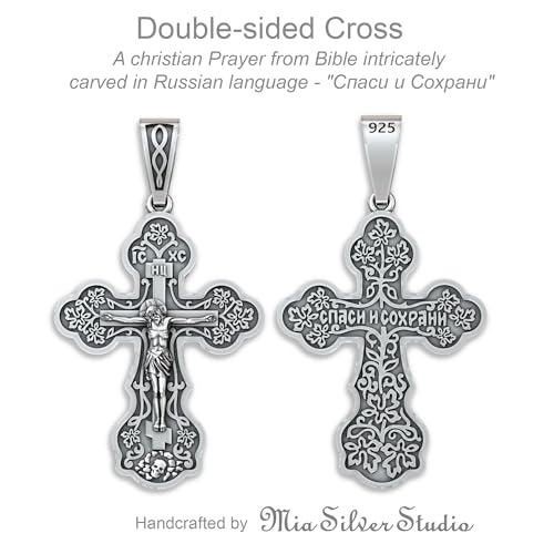 Orthodox Cross Necklace for Women - 925 Sterling Silver - Jesus Christ Crucifix Pendant with Prayer Spiga Rope Chain 20" - Christian Religious Jewelry - Handmade4