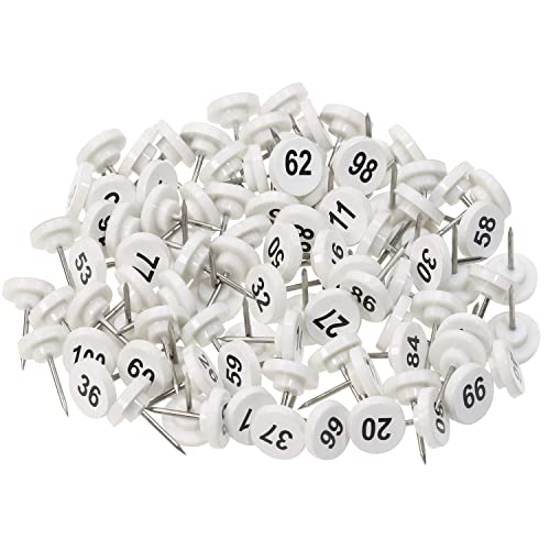 Tupalizy 100 Stück flache Zahlen-Reißzwecken für Kork-Pinnwände, 1-100 Kunststoff-Kopf-Kartennadeln mit Stahlspitze für Kabine, Wandbehang, Bilder, Poster, Fotos, Kunsthandwerk, Bürobedarf (weiß) Cover