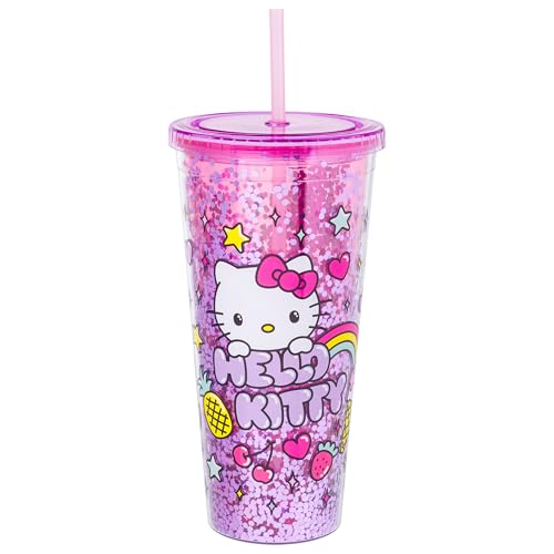 Silver Buffalo Sanrio Hello Kitty Rainbow Confetti Carnival Cup with Lid and Straw | 32 Ounces