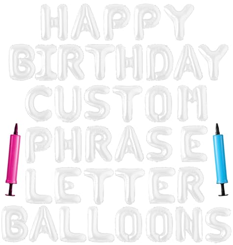 Image of Happy Birthday Balloon Banner Custom Phrase Balloons letter 16 inch Personalized Alphabet Letters Foil Mylar Balloons (White)