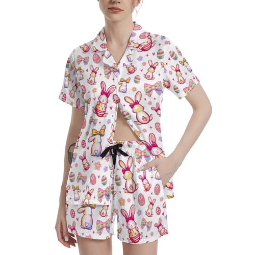 Image of Funny Satin Pajamas Set for Women Button Down Sleepwear Print Pjs Set 2 Piece Short Sleeve Loungewear Gift for Women