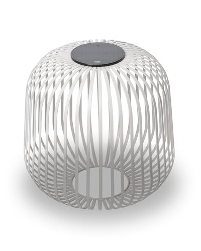 LUUK Studio Große LED Solarlampe für den Außenbereich, kabellose Gartenlaterne in modernem Design, Windlicht für drinnen & draußen, schlichte Outdoor Leuchte dimmbar & IP65 wetterfest, Grau