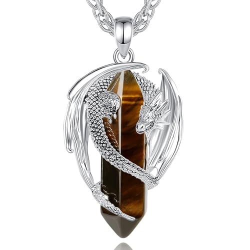 AEONSLOVE Collier Oeil de Tigre Pierre pour Homme Femme Pendentif Dragon en Cristal Pierre de Protection Puissante Bijoux Pierre Naturelle Collier Dragon...