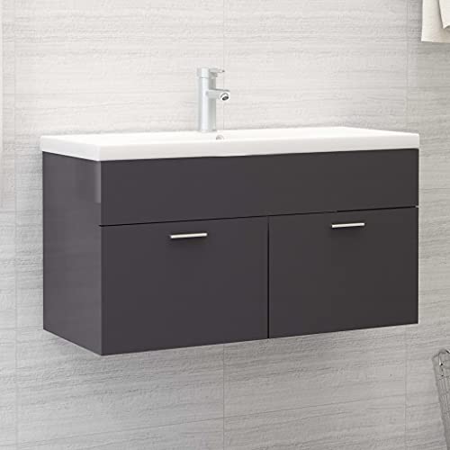 Meuble de lavabo mural - Meuble sous-lavabo sans lavabo - Armoire de salle de bain - Gris brillant - 90 x 38,5 x 46 cm