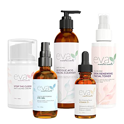 Eva Naturals Rewind Time Bundle - Vitamin C Plus Serum (1oz), Eye Gel (2oz), Stop the Clock Moisturizing Cream (1.7oz), Glycolic Acid Cleanser (6oz), All-in-One Skin Renewing Facial Toner (4oz)