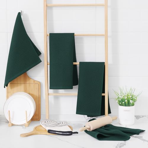 Image of Homaxy 100% Cotton Waffle Weave Kitchen Dish Towels, Ultra Soft Absorbent Quick Drying Cleaning Towel, 13 x 28 Inches, 12-Pack, Blackish Green