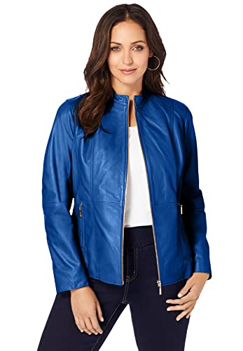Jessica London Women's Plus Size Zip Front Leather Jacket - 14 W, Dark Sapphire Blue #TOP10