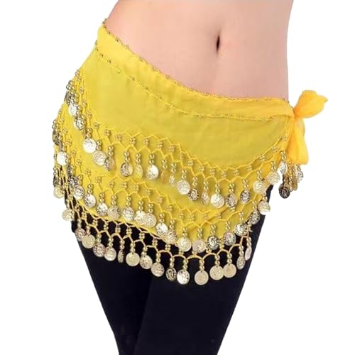 GNAUMORE Cinturón Danza del Vientre para Yoga Zumba Latin,Monedas Cinturón Envolvente de Falda de Danza del Vientre,Cadena de Cintura de Falda de Baile,Amarillo