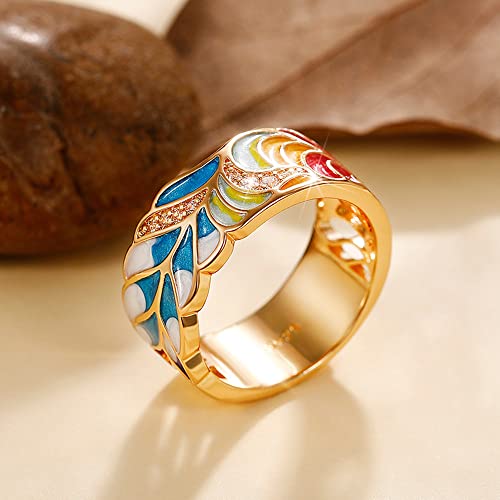 Flower Leaves Pattern Enamel Wide Ring for Woman,Party Crystal Vintage Jewelry,18K Gold Plated Half Eternity Rainbow Ring Wedding Band2
