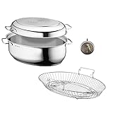 WMF Bräter mit Deckel backofengeeignet, 8,5l, Schmortopf Induktion, Cromargan Edelstahl, Induktions-Deckel, Bratenthermometer, Einsatz, 41x28,5x18 cm