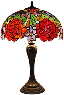 WERFACTORY Tiffany Table Lamp Stained Glass Coffee Table Desk Beside Lamp 24 Inch Tall Crystal Bead Red Rose Shade 2 Light Antique Style Resin Base for Living Room Bedroom S001