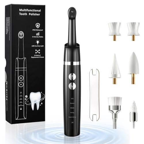 Wiederaufladbares Zahnpolierer Set zur Zahnreinigung und Zahnaufhellung 5 Bürstenköpfe 5 Geschwindigkeiten LED-Licht IPX6 wasserdicht