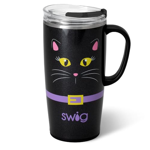 Swig Life 22oz Travel Mug, Halloween Insulated Tumbler with Handle and Lid, Travel Coffee Mug, Cup Holder Friendly, Stainless Steel 22 oz Tumbler, Reusable Insulated with Lid (Boo Crew Cat)