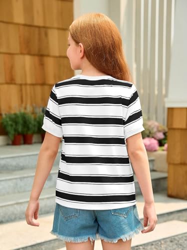 Image of Haloumoning Girls Striped Short Sleeve T Shirts Kids Summer Casual Tops Crewneck Tees Blouses 5-14Y