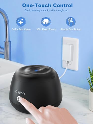 Image of KUNPHY Ultrasonic Retainer Cleaner Machine, 48kHz Dental Cleaning Pod Home | 4 LED Light 48KHz Ultrasound Portable Mouthguard Night Guard Cleaner, IPX7 Waterproof, Quiet 45dB, Overheat Protection, Black