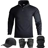 SANYETS Taktisches Camouflage-Shirt für Herren, langärmelig, Mütze, Handschuhe, Sturmhaube und 1/4-Reißverschluss, Militär-Oberteil, Airsoft-Ausrüstung, Schwarz, X-Large