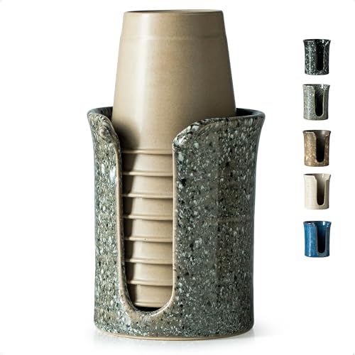 YHOJOY Ceramic Bathroom Cup Holder Bathroom Cup Dispenser for Dixie Cups 3 Oz Bathroom Cups Mouthwash Cup Dispenser Small Paper Cups Holder for Bathroom Vanity Countertop Stoneware Design Gray