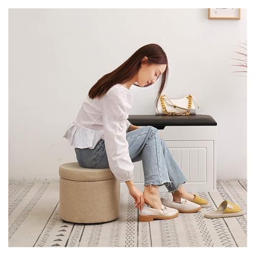 Pouf de rangement rond en lin beige pour salon | Table basse et repose-pieds - 3