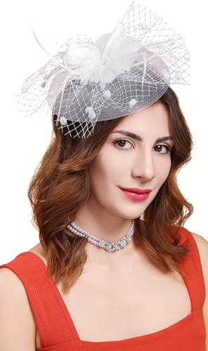 Fascinators Hats for Womens 50s Headwear with Veil Flower Cocktail Wedding Tea Party Church Derby Hat(1A-White)