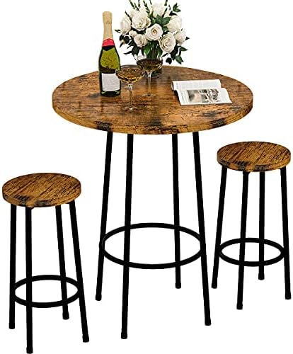 Recaceik 3 Piece Pub Dining Set, Modern Round bar Table and Stools for 2 Kitchen Counter Height Wood Top Bistro Easy Assemble for Breakfast Nook Living Room Small Space Restaurant, Rustic Brown 23