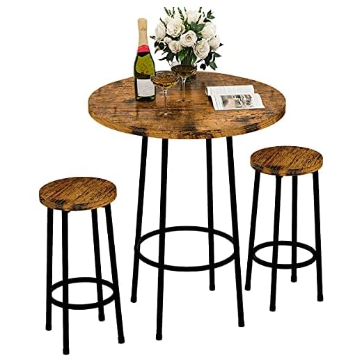 Recaceik 3 Piece Pub Dining Set, Modern Round bar Table and Stools for 2 Kitchen Counter Height Wood Top Bistro Easy Assemble for Breakfast Nook Living Room Small Space Restaurant, Rustic Brown 23