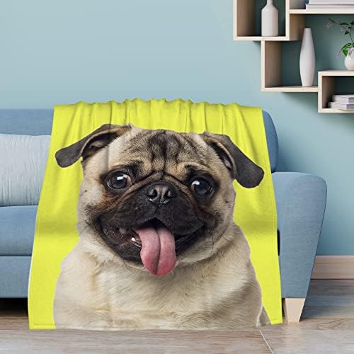 DOINBEE Pug Blanket Funny Dog Puppy French Bulldog on Yellow Throw Blankets Gift for Pug Lovers Girls Boys Kids, Soft Fluffy Fleece Flannel Air Conditioning for Bed Couch Blanket Bedding 60"x50"